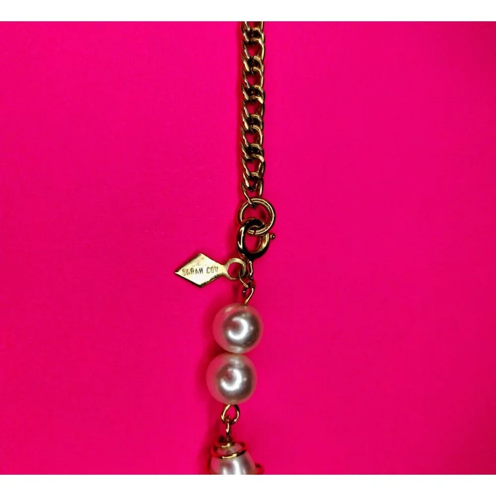 Sarah Coventry Vintage Gold Tone Chain Faux Pearl Pendant Long Necklace Jewelry - Picture 7 of 16